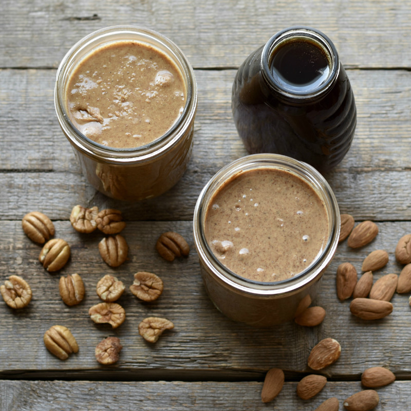 Homemade honey-kissed almond and pecan nut butters.